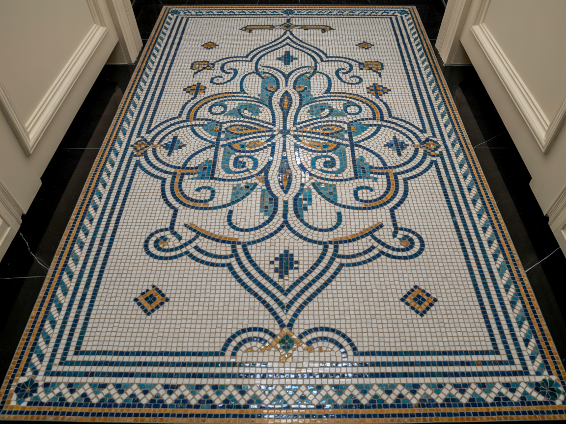 Mosaic tile installation showing glass and stone mosaic patterns
