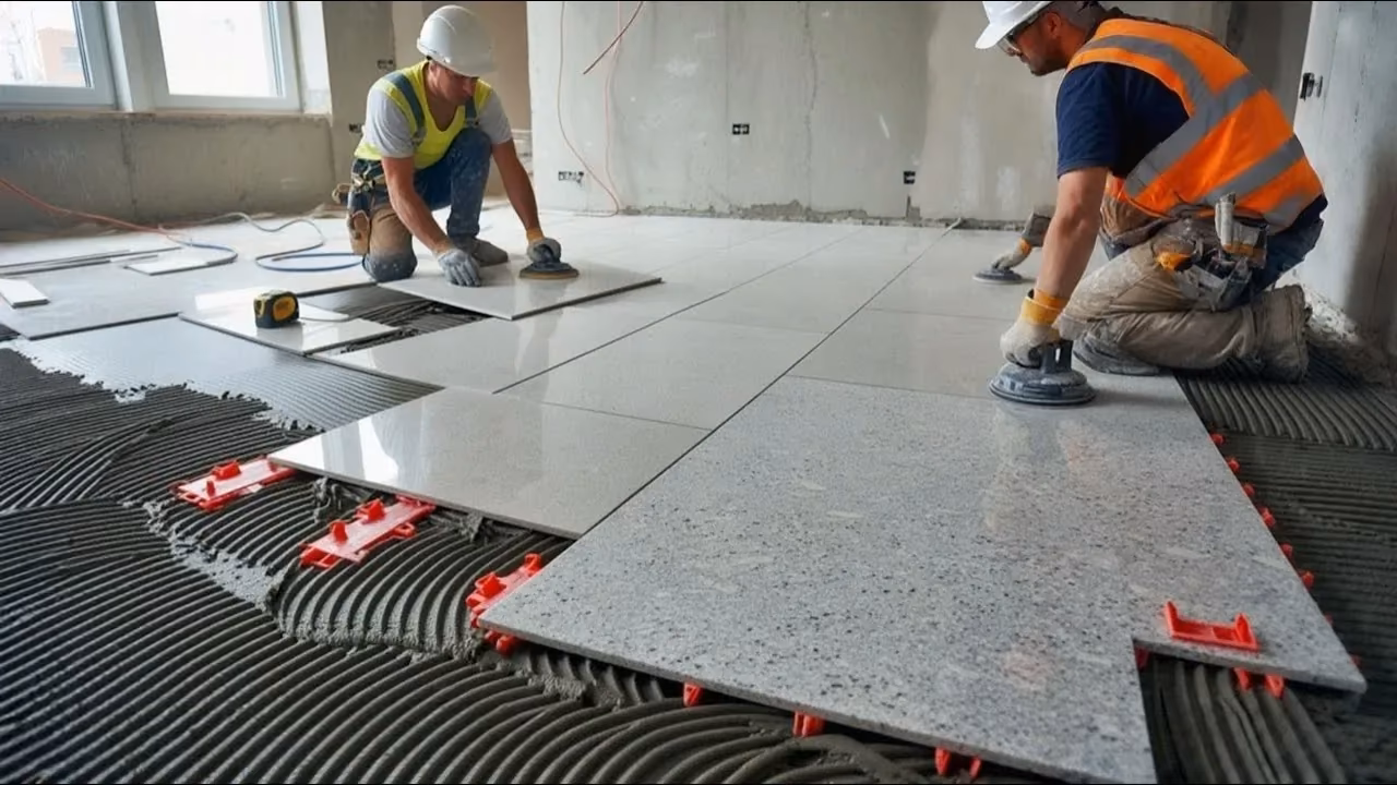 Professional tile installation team at work