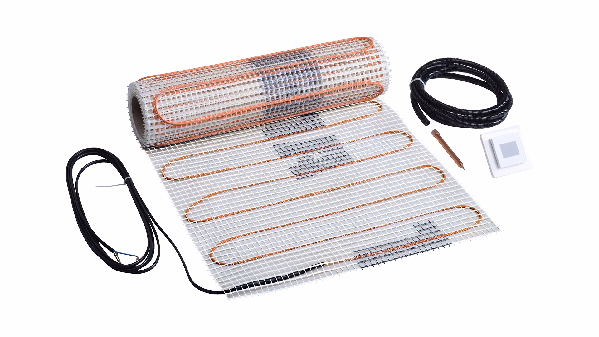 Radiant heating system being installed under porcelain tile flooring